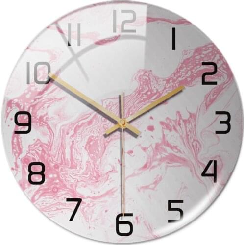 3D Acrylic Marble White Pink Pattern Wall Adhesive Clock Metal Needle Silent Clock Mechanism Modern Living Room Home Decoration