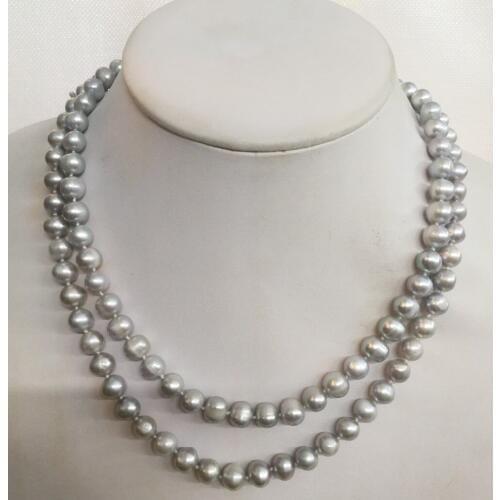 Women Jewelry 32'' 80cm necklace 8x9mm bright gray pearl handmade Real cultured freshwater pearl gift