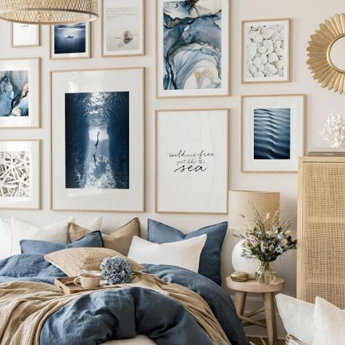 Deep Blue Sea Poster Abstract Watercolour Canvas Painting Nordic Quote Art Print Seashell Wall Picture Living Room Home Decor