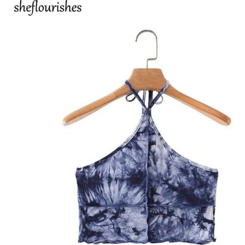Summer sleeveless top sexy backless crop top women halter tops fashion tie dye print tops patchwork casual tank top female 2021