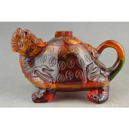 Elaborate rare collection Artificial amber resin dragon turtle adornment teapot