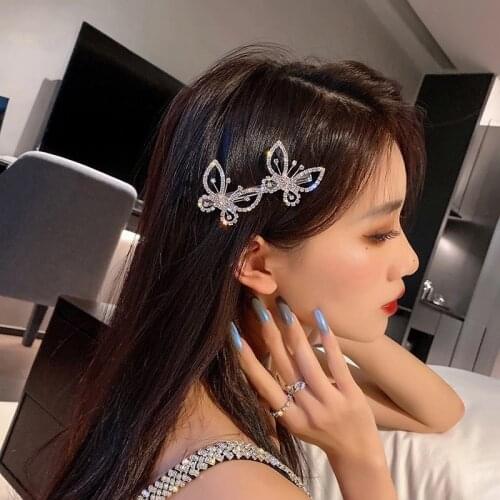 1PCS New Golden Silver Diamond Inlaid Two Butterfly Girl Side Hairpin Headdress Alloy Bow knot Female Duck Mouth Hair Clips