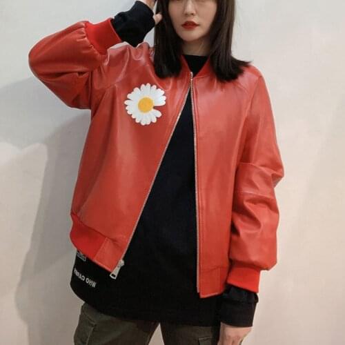 2020 Spring new leather jacket ladies sheep leather motorcycle baseball suit small Daisy embroidered leather jacket