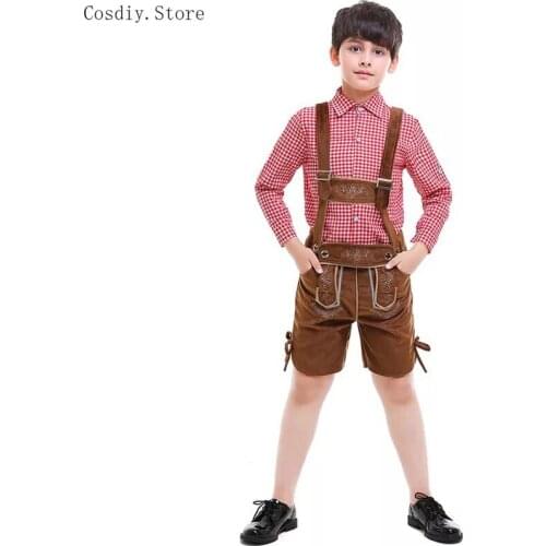 Kid Boys Oktoberfest Khaki Lederhosen Suspenders Plaid Top Shirt Shors Pants Set Bavaria Outfit Clothes For Youth Children 5-12T