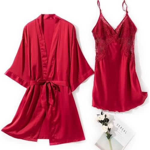 Women 2 Piece Robe Sets Satin Nightdress Sexy Bride Bridesmaid Wedding Gown Intimate Lingerie Lace Sleepwear With Pads Homewear