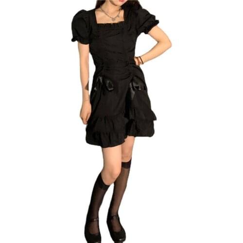 Black Lolita Costume Girls Women Summer Bubble Ruffle Sleeve Square Neckline Dress