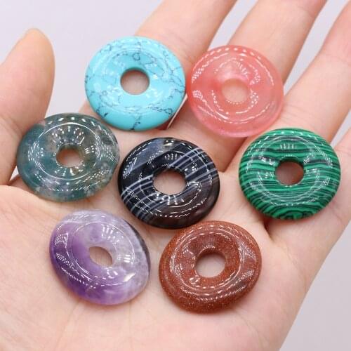 10Pcs Natural Stone Rose Quartz Amethyst Agate Malachite Donut Charms Semi-Porous Beads for Jewelry Making Necklace Gift 25x25mm