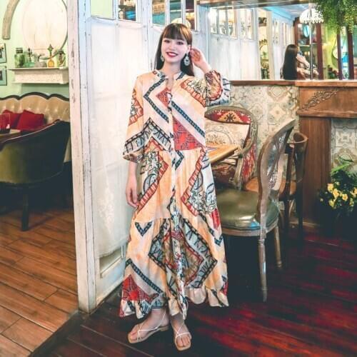 Bohemian Dress Ethnic Retro Print Round-Necked Button Seven-Sleeve Loose Slimming Holiday Dress Woman
