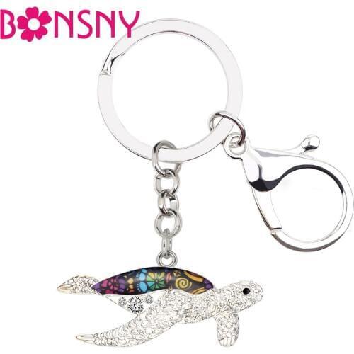 Bonsny Enamel Metal Ocean Sea Turtle Tortoise Key Chains Keychains Ring Rhinestone Animal Jewelry For Women Girls Bag Car Charms