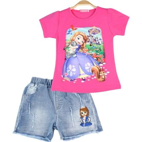 Disney Girls Outfits Cartoon Printed Summer Kids Shirt&Denim Shorts Toddler Girls Clothing Set Children Suit Clothes Sofia 3 8 Y