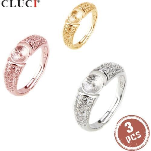 CLUCI 3pcs 925 Sterling Silver Pearl Ring Mounting for Women Fine Ring Jewelry Silver 925 Adjustable Women Zircon Rings SR2008SB