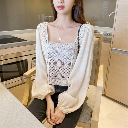 2021 Spring Retro Boho Crochet Crop Top White Shirt Women Long Sleeve Elegant Blouse Ladies Loose Cropped Korean Blusa Mujer