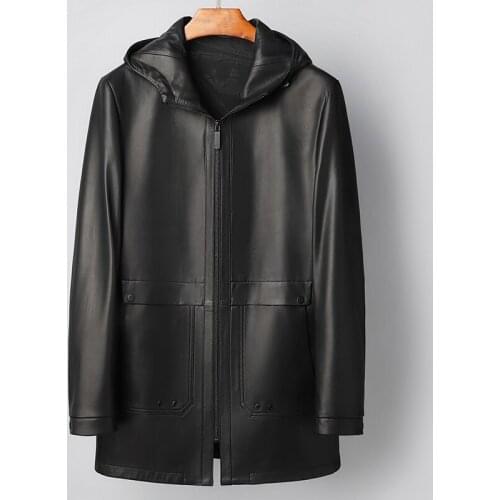 Cow Leather Skin Genuine Leather Clothes Mens Long Type Hooded Business Jacket Slim Coat
