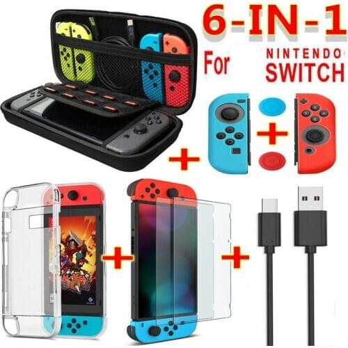 6 in 1 game accessory set Black red blue For Nintend Switch Travel Carrying Bag Screen Protector Case Charging Cable