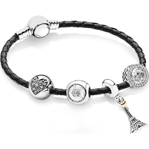 NEW 100% 925 Sterling Silver New 1:1 Love Eiffel Tower Leather Hand Strap Set Charming Fashion Elegant Charm Jewelry Gift