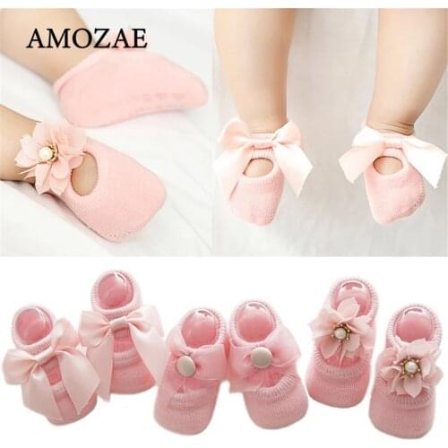 3 Pairs/Lot Lace Flower Newborn Baby Socks Cotton Anti-Slip Kids Floor Socks Bow Toddler Girl Socks Spring Girls Gift Sokken