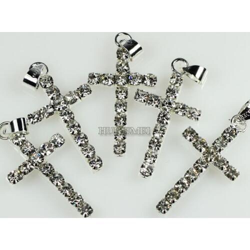 Wholesale 20pcs/lot 29x15mm Silver Plated Czech Crystal Rhinestone Cross Pendant Beads Fashion Necklace Pendants for Women