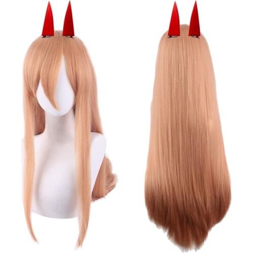Anime Chainsaw Man Wigs Power Cosplay Long Orange Heat Resistant Hair Synthetic Cosplay Wig + Wig Cap + Hairpins