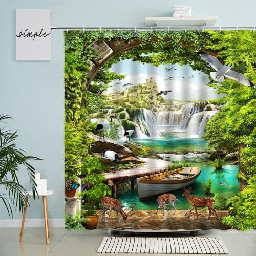Landscape Scenery Shower Curtain Forest Waterfall Lake Green Plants Flower Natural Garden Bathroom Wall Decor With Hook Screen