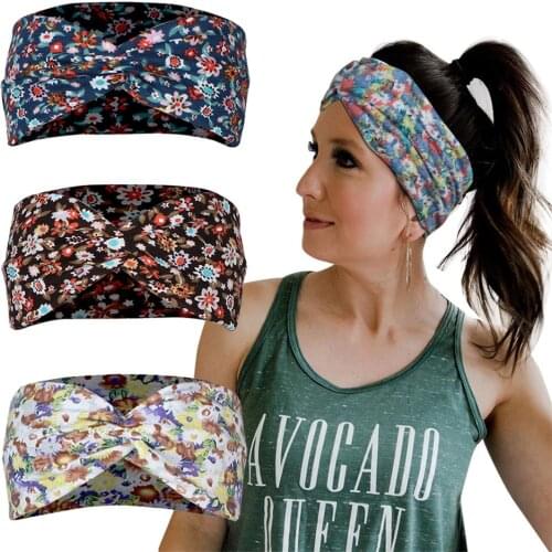 Hot Bohemian Wide Stretch Headbands Womens Floral Print Turban Headwear Yoga Hairbands Cross Knot Twist Hair Accessories Ladies