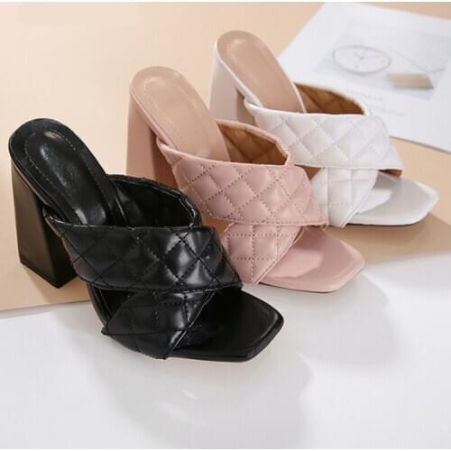 New Women sandals shoes heels sandals ladies shoes summer PU leather square toe 11cm high heels sexy slippers pink white 41