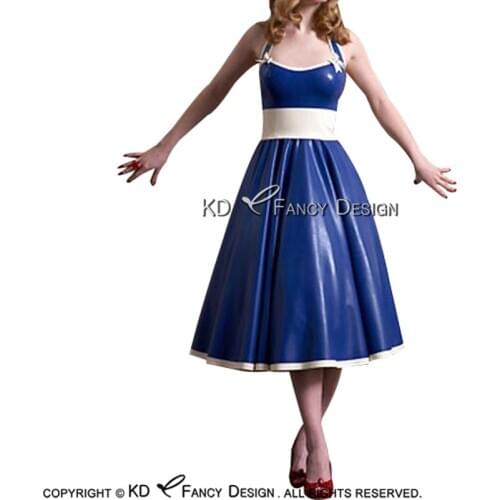 Blue And White Sexy Latex Dress With Bows Lacing Alice in Wonderland Rubber Uniform Playsuit Bodycon LYQ-0134