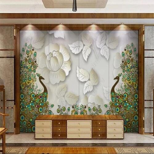 Custom Size Nordic Embossed Peacock Animal Photo 3D Wall Papers Home Decor Mural Self-adhesive Wallpaper Papel De Parede 3d