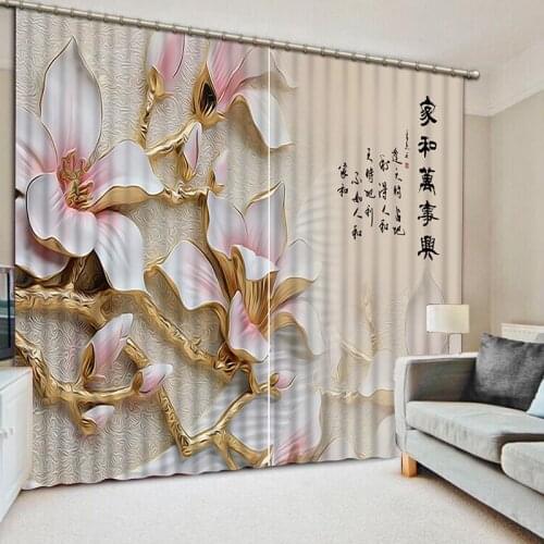 High Quality Golden Flowers 3D Printing Curtains Luxury Classic Lifelike Curtains full Shade Bedroom Living Room Curtains CL-052