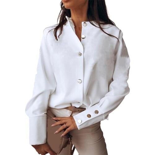 Women Fashion Solid Color Stand Collar Long Sleeve Single-breasted Buttons Cuff Shirt Blouse for Work
