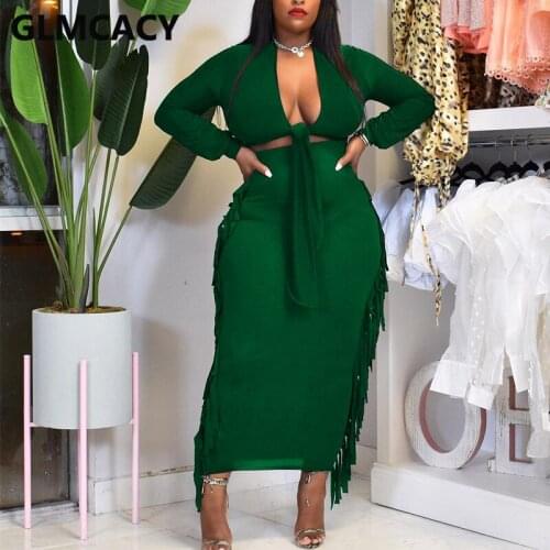 Women Two Piece Casual Dress Suits Long Sleeve Tie Front Crop Top & Tassels Bodycon Maxi Skirt Set