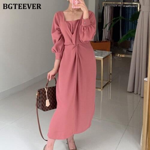 BGTEEVER Retro Square Collar Women Solid Dress Elegant Puff Sleeve Cross Female Midi Dress 2021 Spring Summer Vestidos Femme