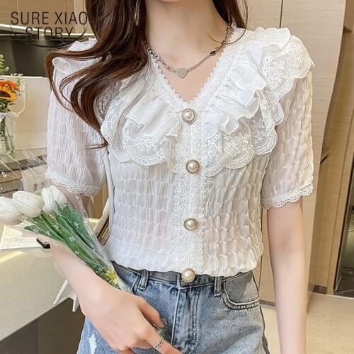 2021 Embossed Ruffled Slim Solid Blouse Autumn Flared Sleeve Chiffon Shirt Long-sleeved O-neck Pleated Button Blouse Women 16851