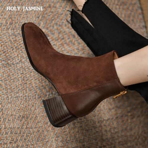 2022 New Brand Genuine Leather Boots Retro High Heels Ankle Boots Women Shoes Back Zipper Sheep Suede Handmade Shoes Boots Women