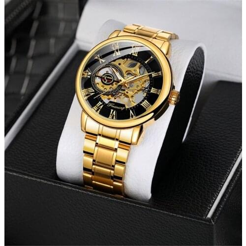 Forsining A099 Top Brand Luxury Watch Mens Fashion Casual Mesh Belt Hollow Gold Manual Mechanical Skeleton Male Wrist Watch