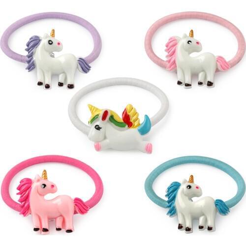 10pcs/lot Cartoon Unicorn Elastic Hair Bands Girls Ponytail Holder Resin Rainbow Unicorn Accessory Supplies