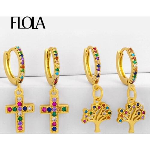 FLOLA Gold Small Cross Earings For Women Multicolor Crystal Tree Of Life Drop Earrings CZ Rainbow Zircon Huggie Jewelry erst01