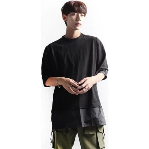 Mens summer new Korean casual versatile loose woven patchwork O ring zipper personality but short sleeve T-shirt
