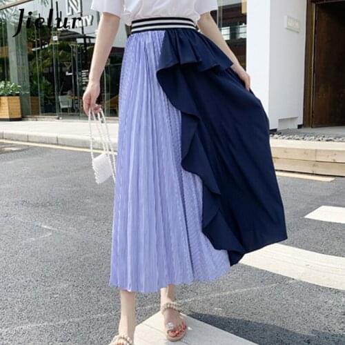 Jielur Patchwork Skirts Womens Pleated Ruffers Elastic Charming Summer Skirt Hipster Black Europe Jupe Femme 2020 New Skirt