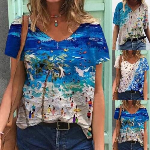 Fashion Casual V Neck Ladies T-Shirt Short Sleeve Beach Vacation Print Women Tops Tshirt Tee Shirt Loose Female T-Shirt D30