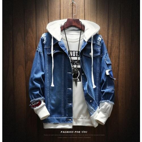 TANG 2019 Men Denim Hooded Jacket Causal Worn Hole Coat Outwear Male Jackets Spring Autumn Fake Two Pieces Patchwork Plus Size
