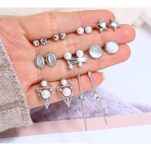 9Pairs Korean Jewelry Zircon Opal Crystal Geometry Stud Earrings For Women Statement Ear Jewelry Wholesale Silver Earrings Set