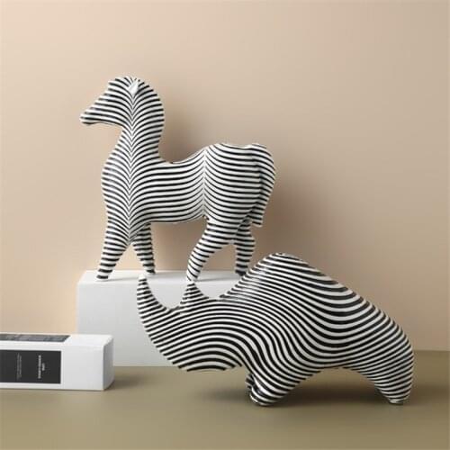 Nordic Black White Zebra Rhinoceros Animal Resin Sculpture Ornaments Creative Simple Stripes Abstract Hotel Home Decoration