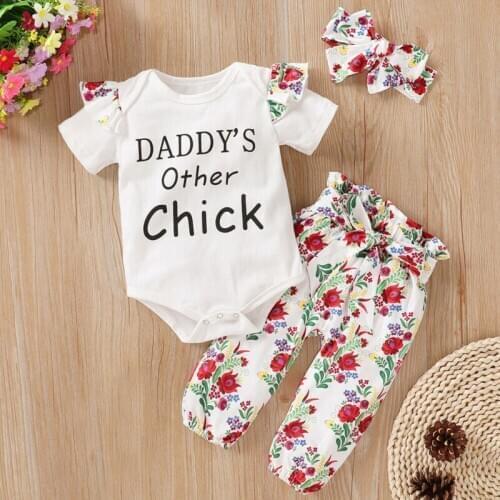 Newborn Kids Baby Girl Casual 3PCS Clothes Sets Flowers Print Short Sleeve Tops Romper Jumpsuit Pants Outfit Set