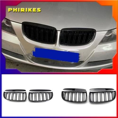 1 Pair Gloss Matt Black M Color 2 Line Front Kidney Grille Grill Double Slat For BMW E90 E91 3 Series 320i 325i 328i 2005-2008