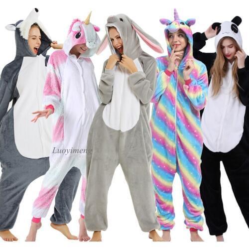 Kigurumi Onesie Adult Women Animal Pajamas Unicornio Nightie Flannel Warm Sleepwear Onepiece Winter Jumpsuit Cosplay Pijama Suit