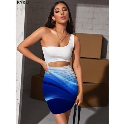 KYKU Brand Gradient Dress Women Abstract Halter Sleeveless Psychedelic Pleating Novel Bodycon Dress Womens Clothing Mini Evening