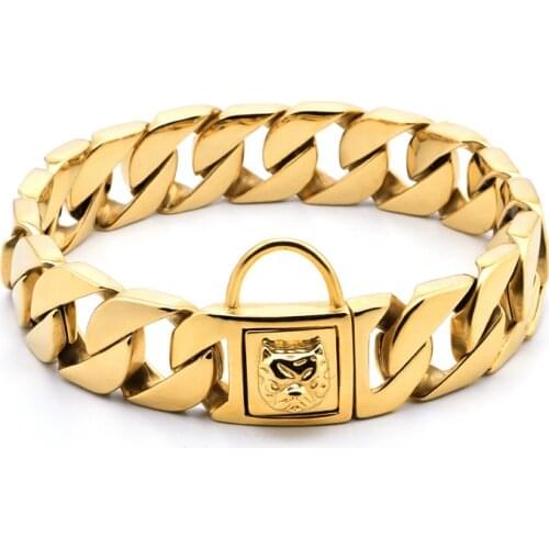 PMGPET Cuban Chain Bully Collar Stainless Steel Personalized Dog Pet Collar Leash Gold Metal 32mm Strong Strap Pitbull Bulldog