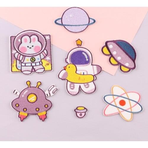 Self-adhesive Cartoon Rabbit Astronaut Spaceship Embroidered Patches for Clothing Iron on Clothes Appliques Stripes Sticker Diy