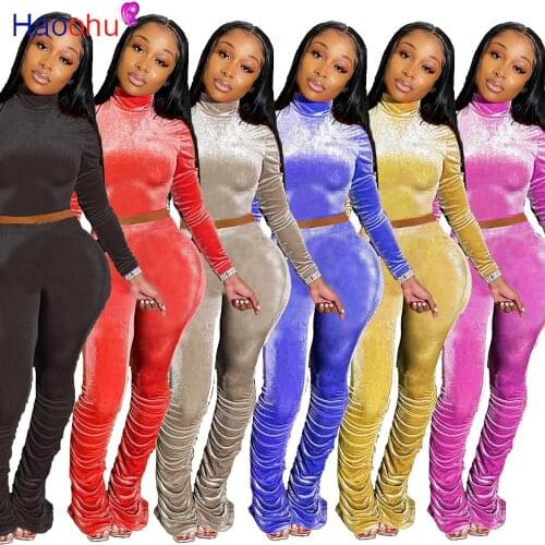 HAOOHU Sexy Velvet Two Piece Set Long Sleeve Top+Stacked Leggings Flare Pants Tracksuit Fall club Outfits Matching Set