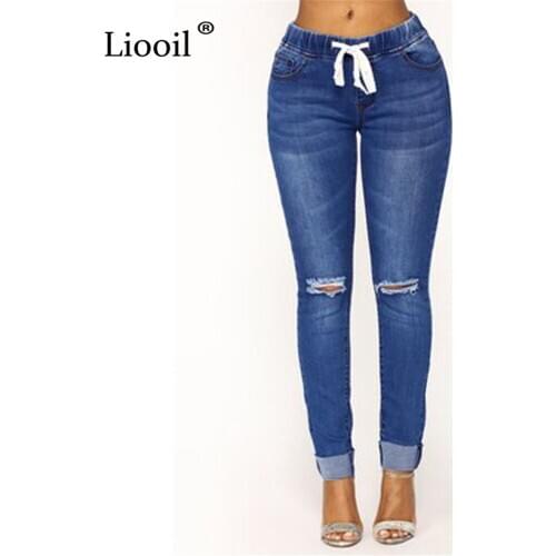 Liooil Blue Black Skinny Ripped Jeans For Women Streetwear Mid Waist Trousers With Hole Pockets Wash Distressed Sexy Denim Pants
